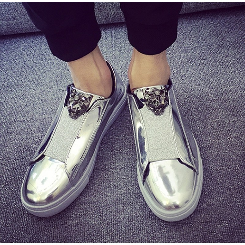 Silver Metallic Mirror Shiny Emblem Mens Sneakers Loafers