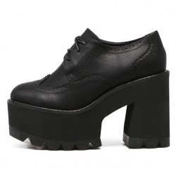 Black Lace Up Chunky Block High Heels Platforms Ankle Oxfords Shoes  