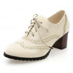 Cream Lace Up Vintage High Heels Oxfords Dress Shoes