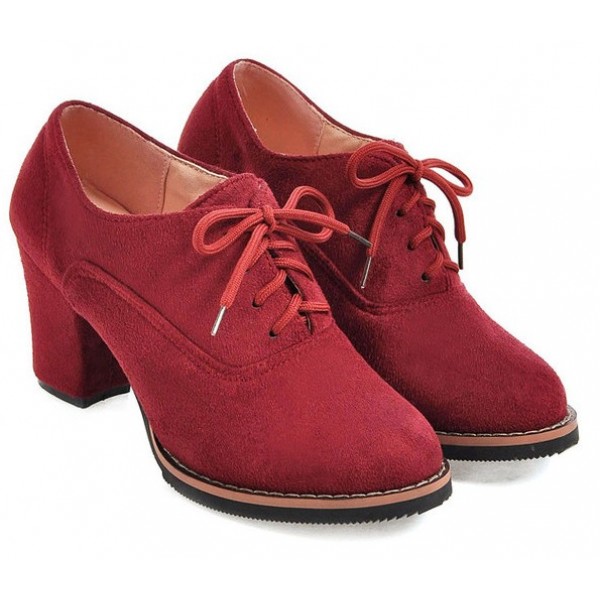 Red Suede Old School Vintage Lace Up High Heels Women Oxfords Shoes