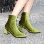 Green Olive Velvet Pointed Head Gold Ring Chelsea Ankle Boots Heels Shoes