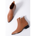 Brown Pointed Head Leather Gold Zipper Chelsea Ankle Boots Flats Shoes