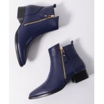 Blue Royal Pointed Head Leather Gold Zipper Chelsea Ankle Boots Flats Shoes