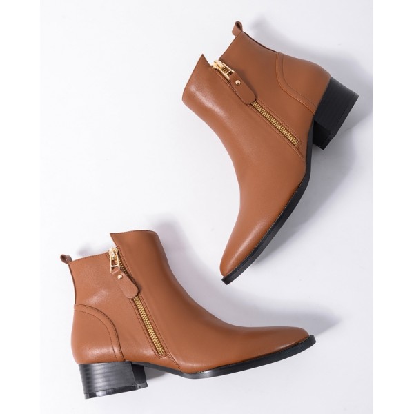 Brown Pointed Head Leather Gold Zipper Chelsea Ankle Boots Flats Shoes