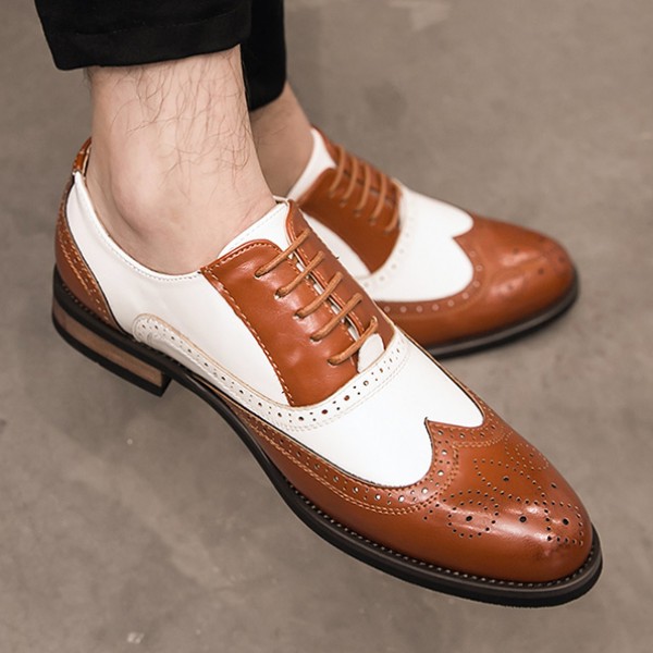 Brown White Wingtip Leather Dapper Man Lace Up Mens Oxfords Dress Shoes