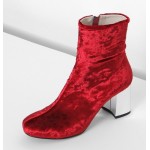 Red Velvet Suede Blunt Head Silver High Heels Ankle Boots Shoes