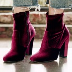 Burgundy Black Velvet Suede Round Head High Heels Ankle Boots Shoes