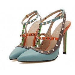 Blue Rivets Pointed Toe High Stiletto Heels Strappy Shoes 