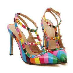 Rainbow Stripes Rivets Pointed Toe High Stiletto Heels Strappy Shoes 
