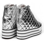 Silver Patent Quilted Lace Up High Top Platforms Hidden Wedges Sneakers Shoes