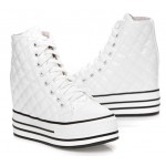 White Patent Quilted Lace Up High Top Platforms Hidden Wedges Sneakers Shoes