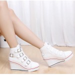 White Canvas Buckles Straps Platforms Wedges Sneakers Shoes