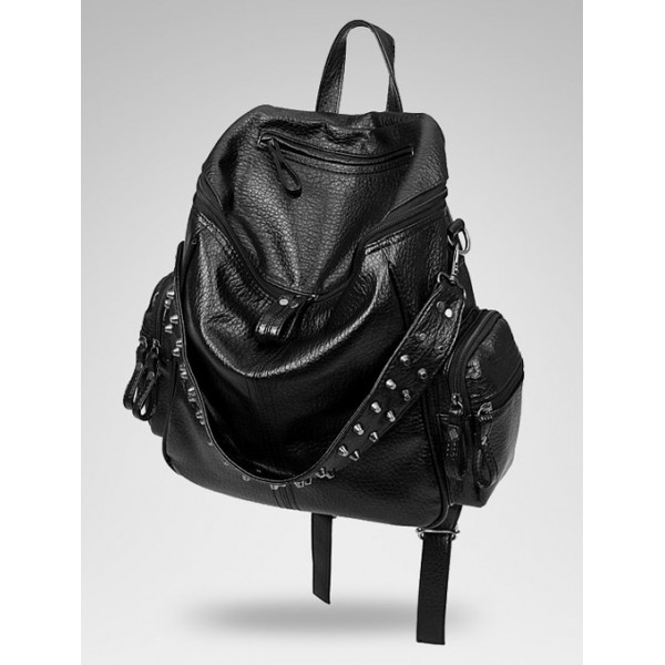 Black Blunt Studs Soft Lambskin Vintage School Punk Rock Hobo Bag Rider Backpack