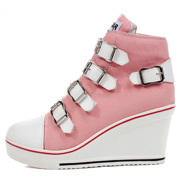 Pink Canvas Buckles Straps Platforms Wedges Sneakers Shoes