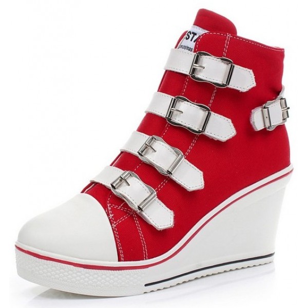 Red Canvas Buckles Straps Platforms Wedges Sneakers Shoes