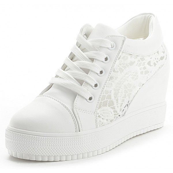 White Lace Up Crochet Wedges Sneakers Shoes