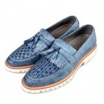 Blue White Knitted Leather Tassels Platforms Mens Oxfords Loafers Dress Shoes