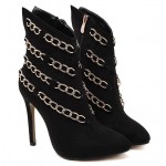 Black Suede Gold Metal Chain Point Head High Stiletto Heels Boots Shoes