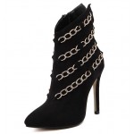 Black Suede Gold Metal Chain Point Head High Stiletto Heels Boots Shoes