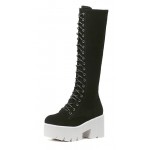 Black Suede White Platforms Chunky Lace Up Combat Rider Long Boots Shoes