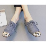 Grey Gold Metal Blunt Head Suede Lace Up Oxfords Flats Shoes