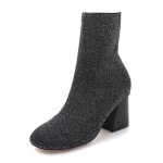Black Silver Glitter Blunt Head Stretchy Pull On High Heels Boots Shoes