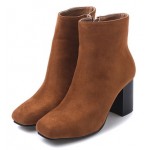 Brown Suede Blunt Head High Heels Cuban Ankle Boots Shoes