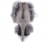 Grey Suede Rabbit Fur Pom Pointed Head High Heels Stiletto Shoes
