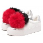 White Red Rabbit Fur Giant Pom Cute Sneakers Loafers Flats Shoes