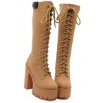 Khaki Lace Up Combat Rider Platforms Chunky Long High Heels Boots Shoes