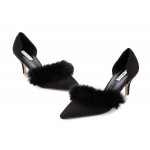Black Suede Rabbit Fur Pointed Head High Heels Stiletto Shoes