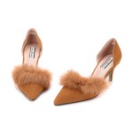 Brown Suede Rabbit Fur Pointed Head High Heels Stiletto Shoes