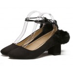 Black Suede Rabbit Fur Pom Blunt Head High Heels Ballets Shoes