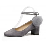 Grey Suede Rabbit Fur Pom Blunt Head High Heels Ballets Shoes