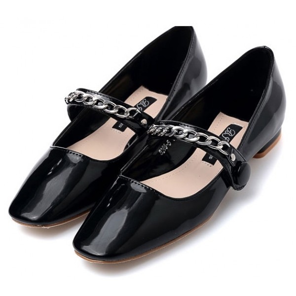 Black Patent Blunt Head Metal Chain Mary Jane Ballets Ballerina Flats Shoes