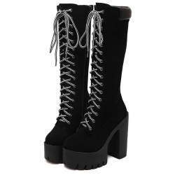 Black Suede Lace Up Combat Rider Platforms Chunky Long High Heels Boots Shoes