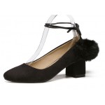 Black Suede Rabbit Fur Pom Blunt Head High Heels Ballets Shoes