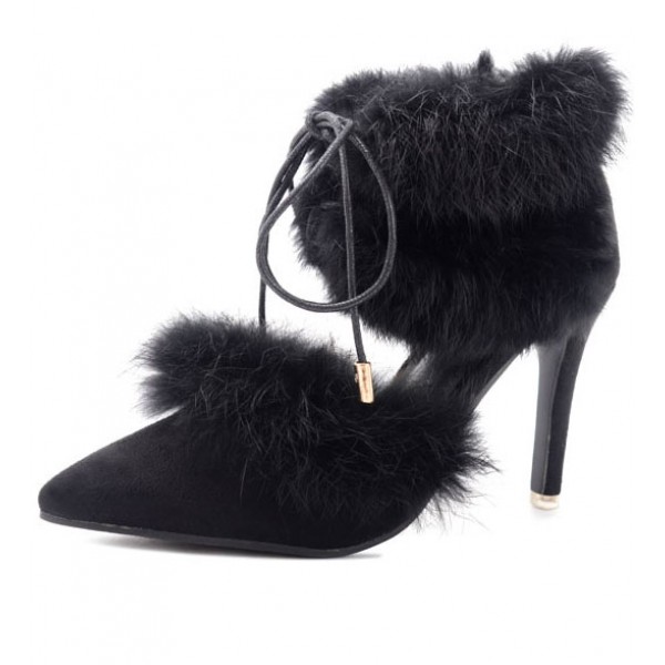 Black Suede Rabbit Fur Pom Pointed Head High Heels Stiletto Shoes