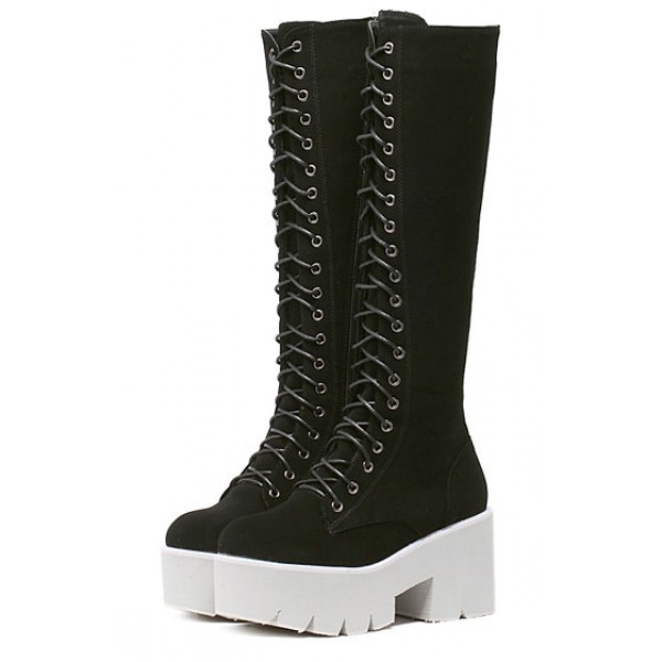 Black Suede White Platforms Chunky Lace Up Combat Rider Long Boots Shoes