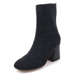 Blue Glitter Blunt Head Stretchy Pull On High Heels Boots Shoes