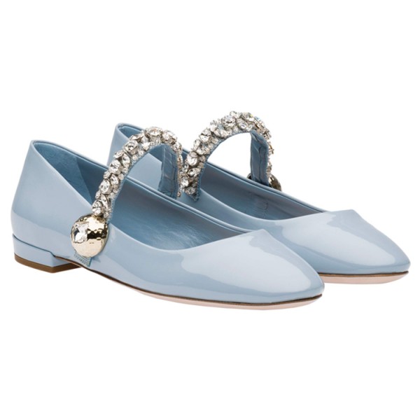 Blue Patent Diamonte Crystals Mary Jane Ballets Ballerina Flats Shoes