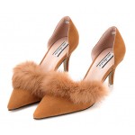 Brown Suede Rabbit Fur Pointed Head High Heels Stiletto Shoes