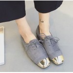 Grey Gold Metal Blunt Head Suede Lace Up Oxfords Flats Shoes