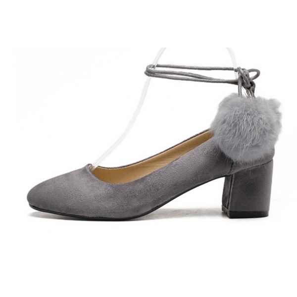 Grey Suede Rabbit Fur Pom Blunt Head High Heels Ballets Shoes