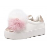 White Pink Rabbit Fur Giant Pom Cute Sneakers Loafers Flats Shoes