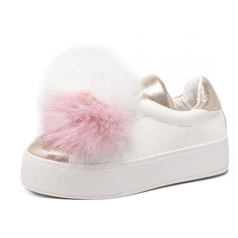 pink and white loafers