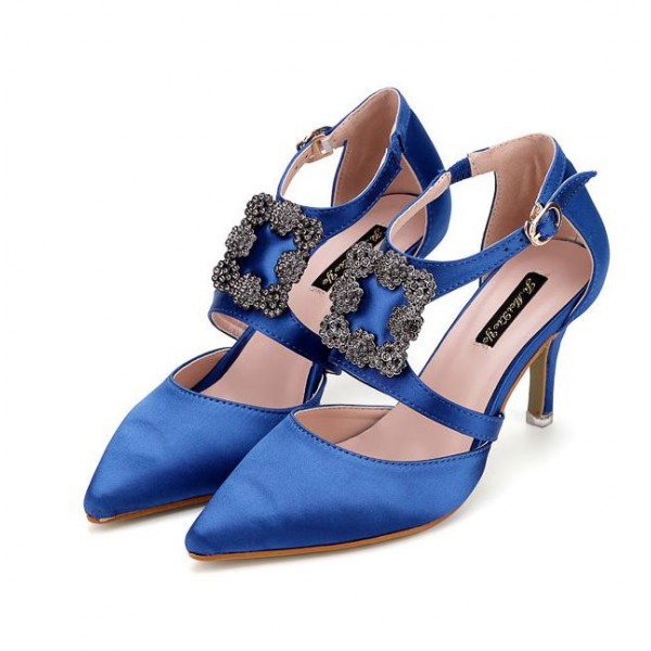 Blue White Blue Satin Rhinestione Buckle Point Head Evening Gown High Heels Shoes