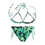 Black Green Hemp Leaves Two Piece Sexy BIkini Swimwear