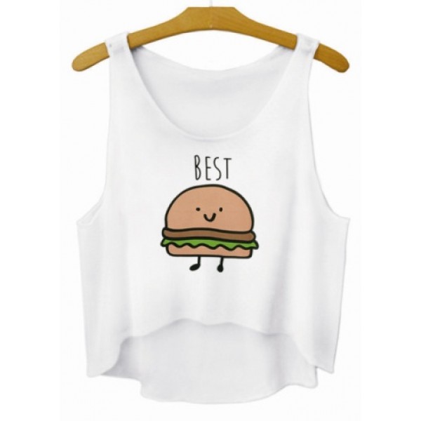 White Best Burger Cartoon Cropped Sleeveless T Shirt Cami Tank Top 