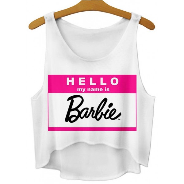 White hello My Name is Barbie Cropped Sleeveless T Shirt Cami Tank Top 